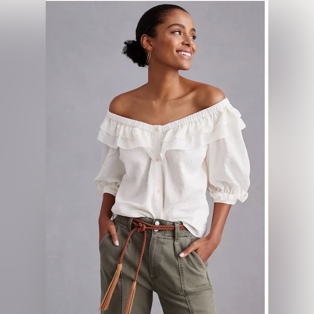 Mauve by Anthropologie Ruffle-Neck Puff-Sleeved Off the Shoulder in Ivory Sz XS